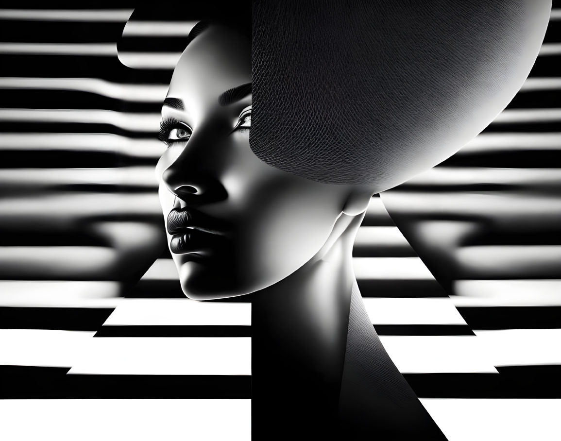 Monochrome 3D Woman Art Against Striped Background