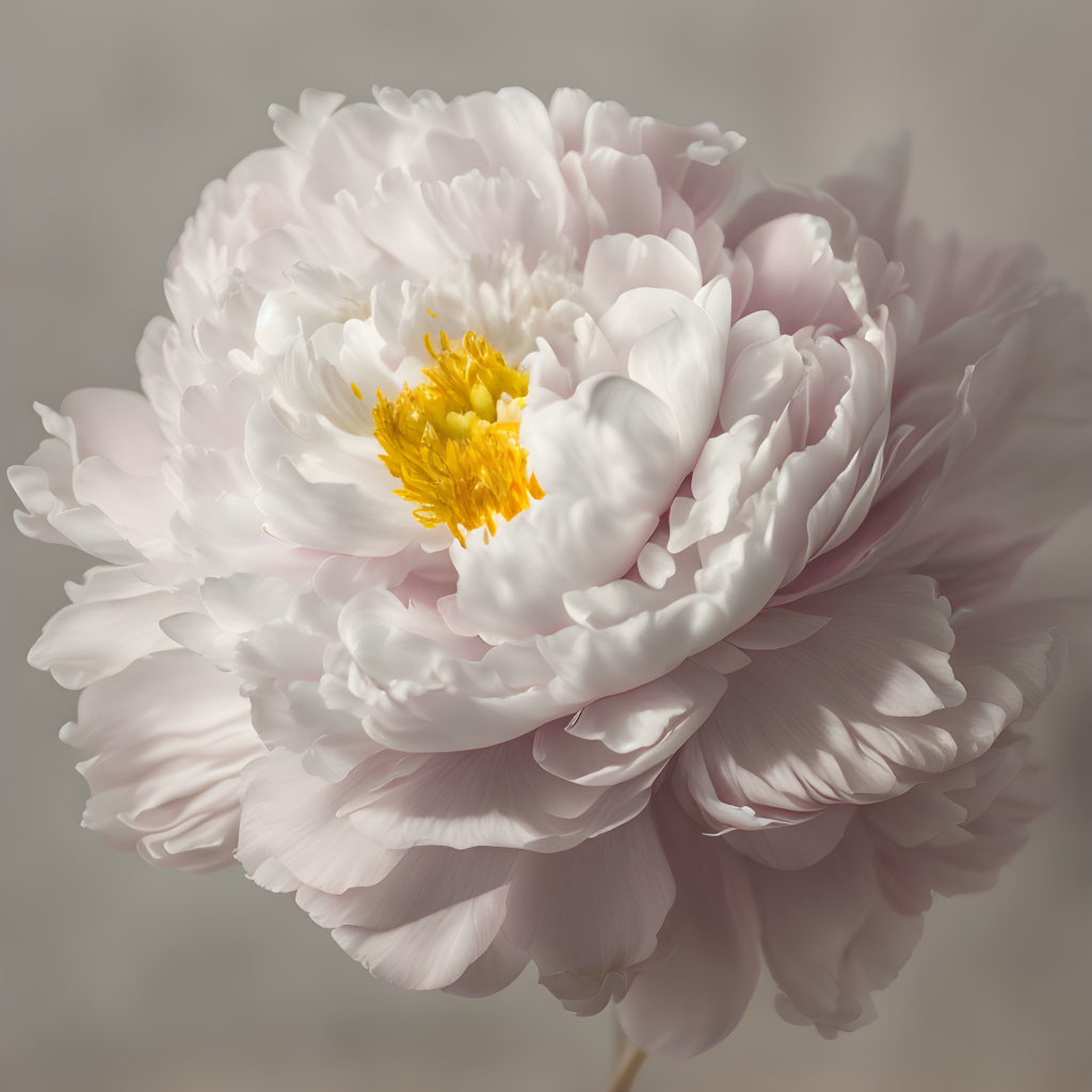 Pale pink peony with ruffled petals and yellow center on neutral backdrop