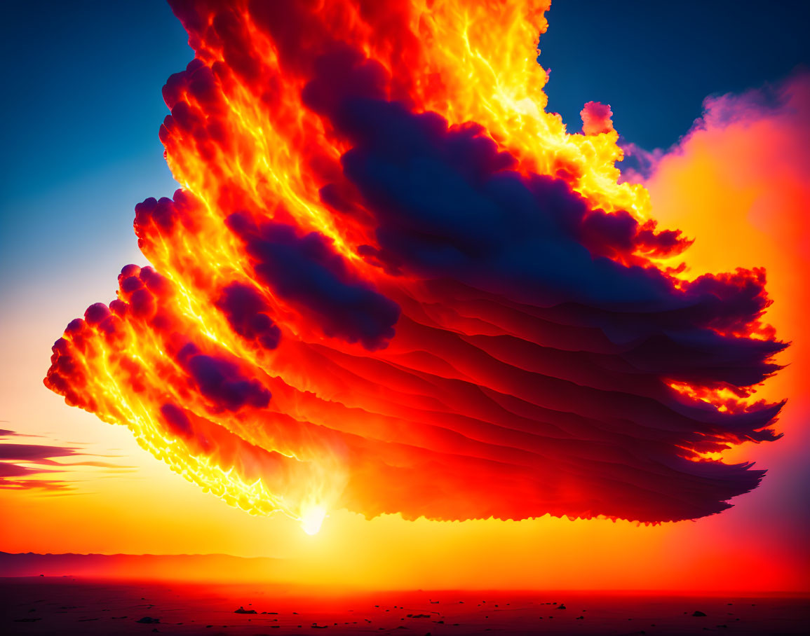 Intense red and orange cloud formation against deep blue sky at dusk