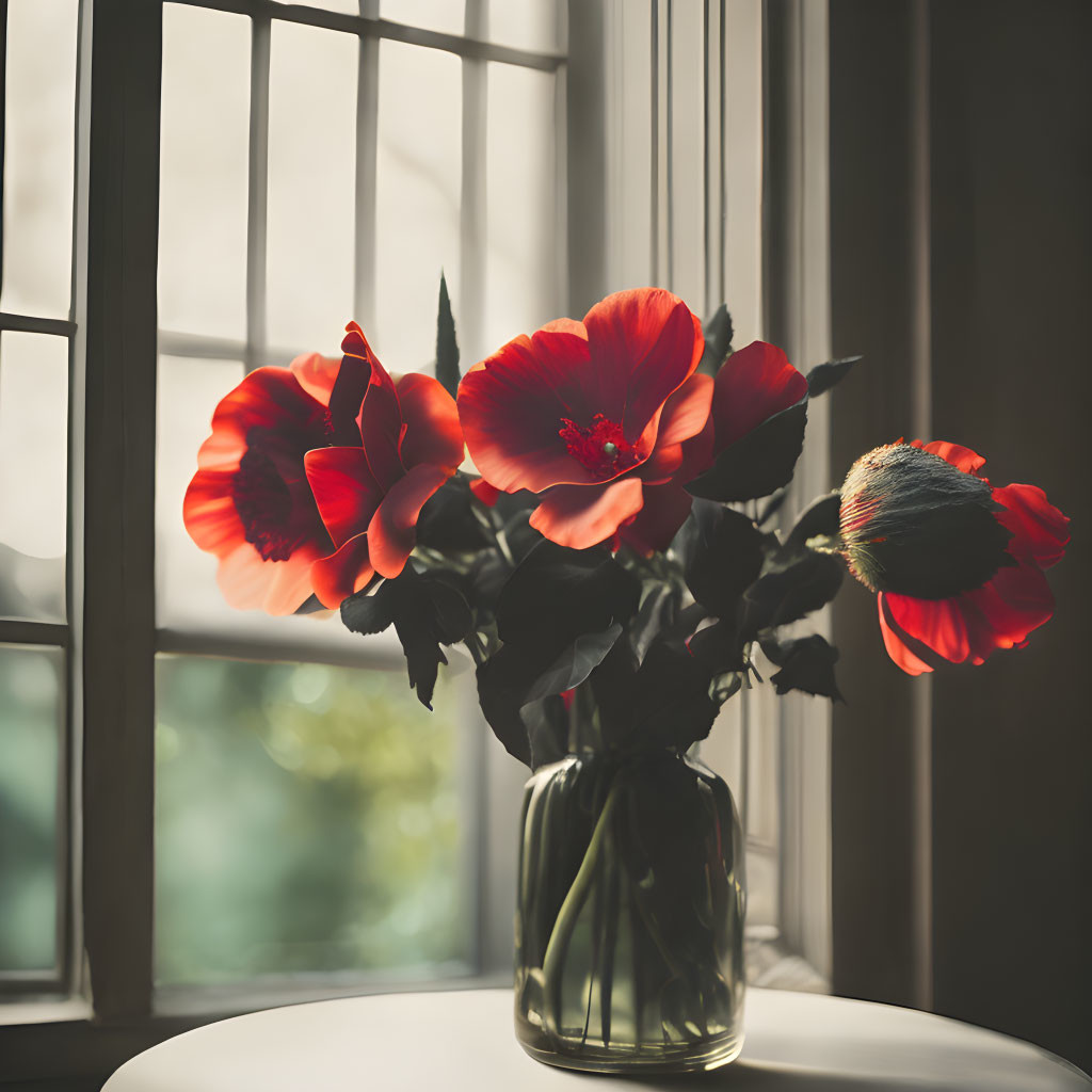 Vibrant red flowers in glass vase on table with sunlight filtering through