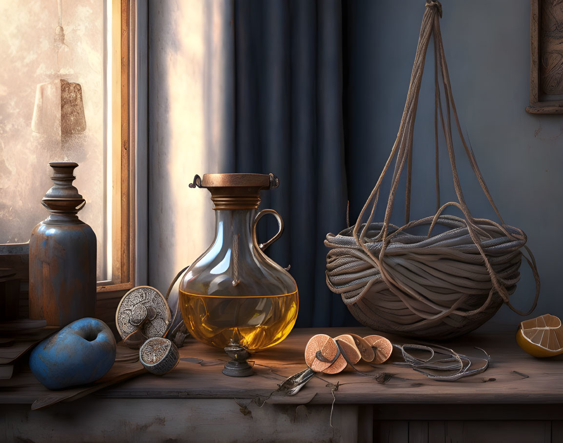 Rustic still life with golden liquid, rope, fruit, and vintage blue bottle by window