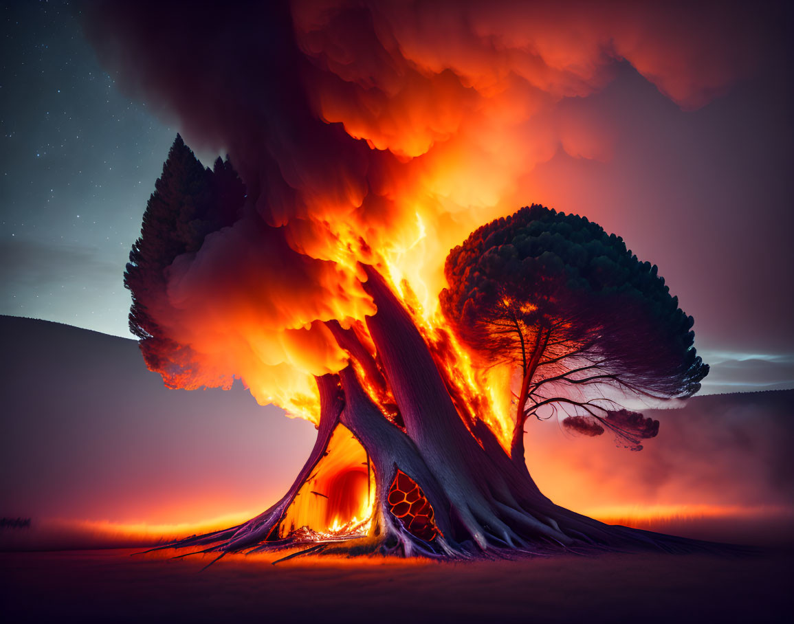 Burning tree at night against starry sky