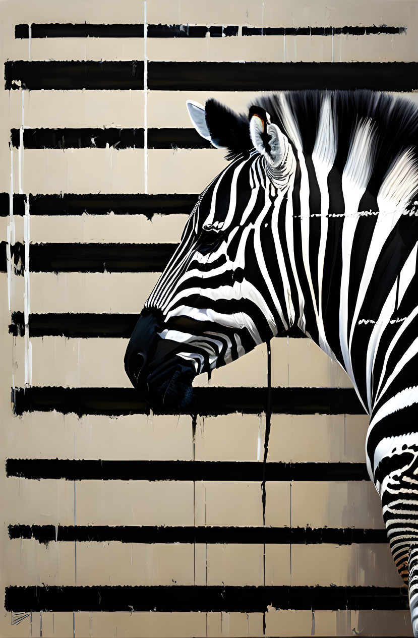 Detailed zebra head illustration with bold stripes on a lined background