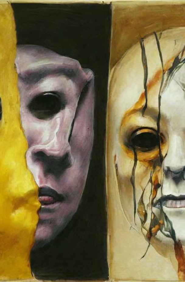 Abstract painting with two distorted faces: one yellow with a dark void eye, the other pale with crack