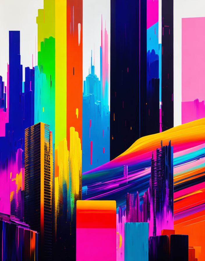 Colorful Abstract Cityscape with Vibrant Skyscrapers on Pink and Purple Background