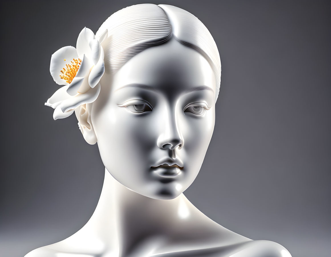 Digital illustration: Woman with stylized features and white flower on gray background