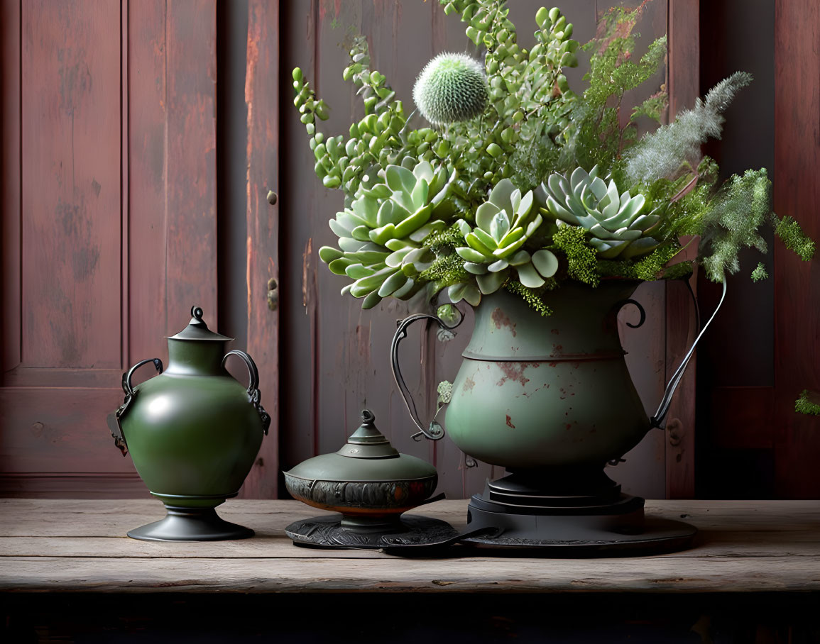 Succulent arrangement with vintage metal vase and ornate teapot