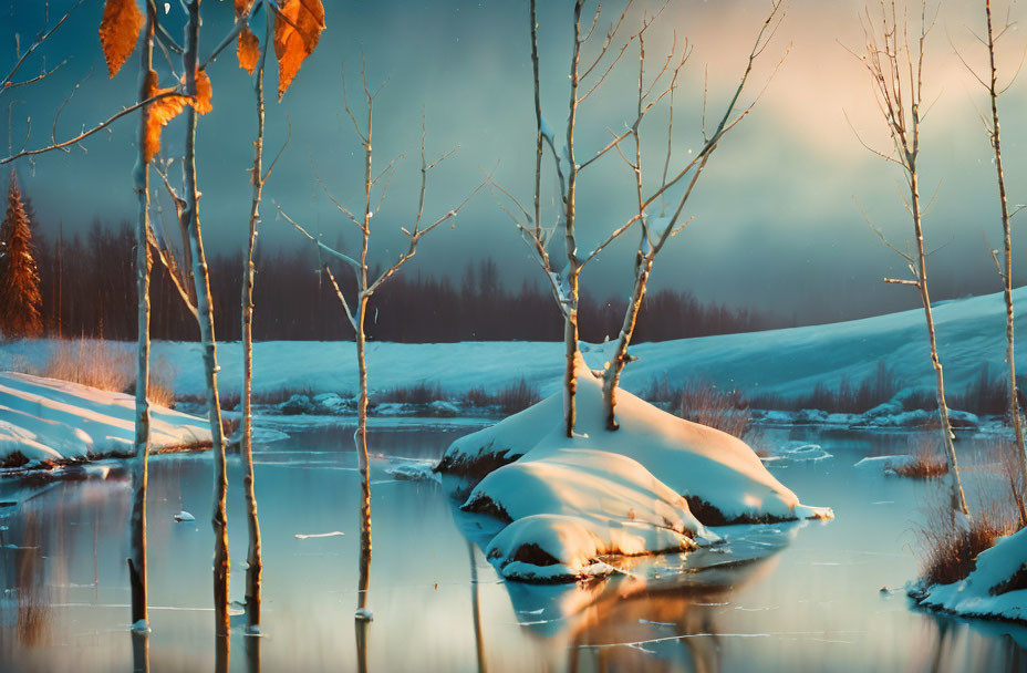 Snowy Winter Landscape with Bare Trees and Frozen River