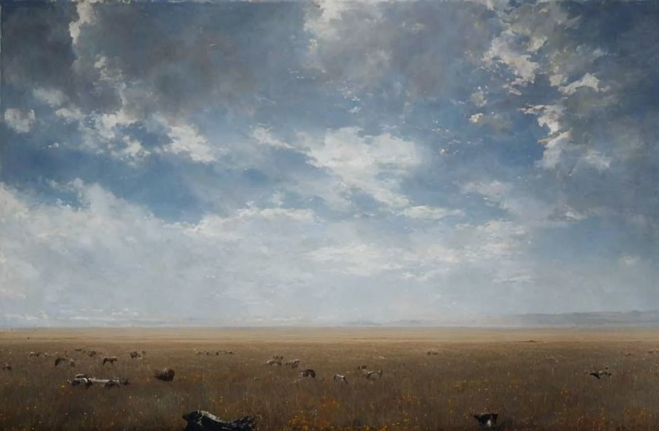 Wide Open Plain with Grazing Animals Under Cloudy Sky