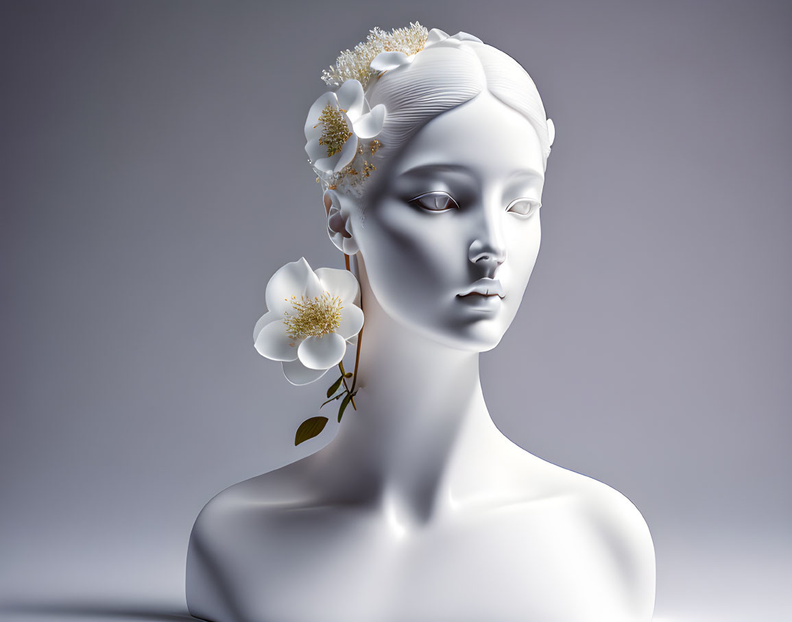 Porcelain-white female figure with floral hair adornments