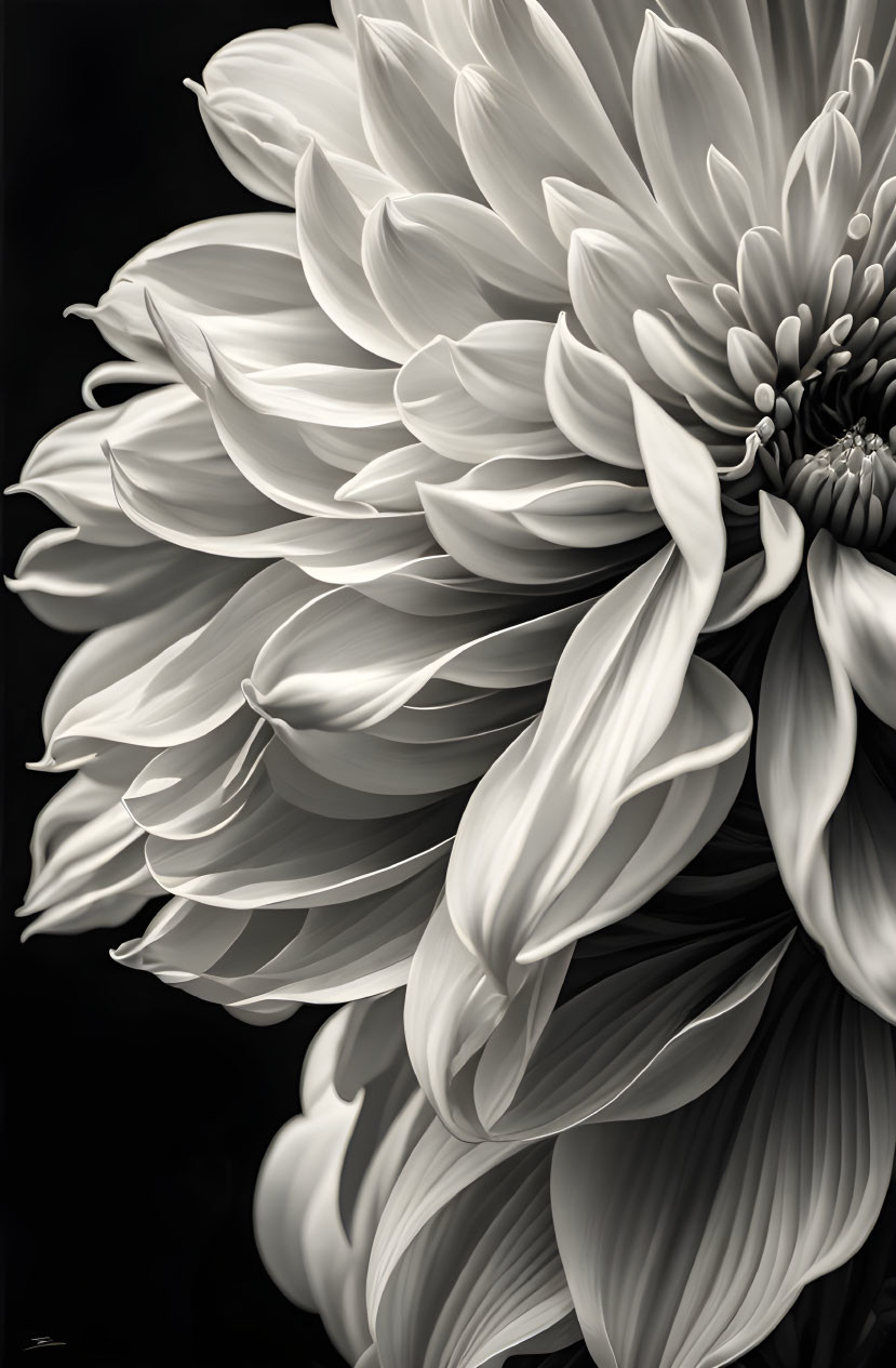 Monochromatic close-up of intricate dahlia flower petals