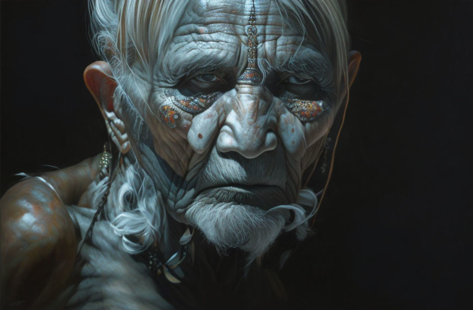 Elderly person with tribal face paint and piercings on dark background