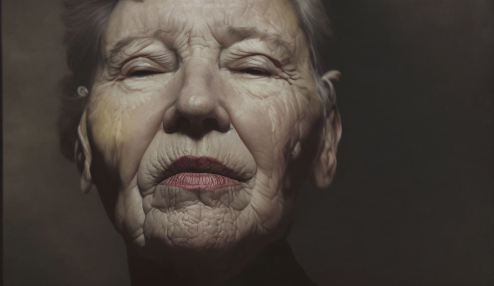 Elderly woman with closed eyes smiling, wrinkled skin and serene expression