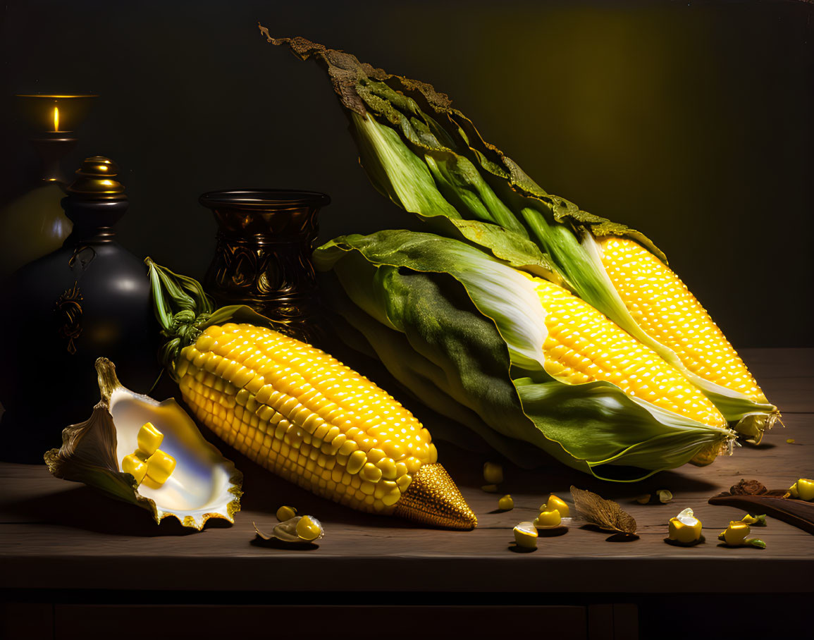 Fresh Corn Ears on Wooden Surface with Kernels and Leaves