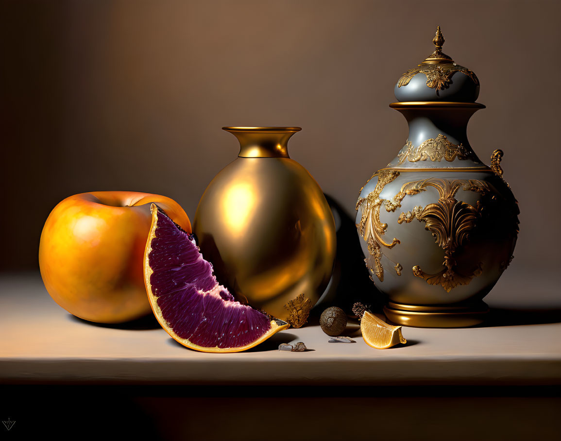 Golden vase, urn, fruits, and nuts on warm background