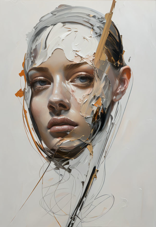 Hyperrealistic portrait of a woman with distorted paint smears and drips