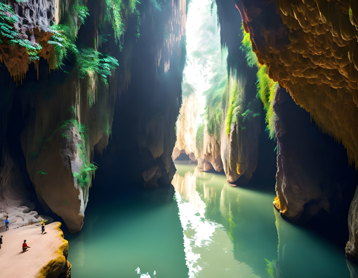 Tranquil green water body in lush cave with sunlight streaming through