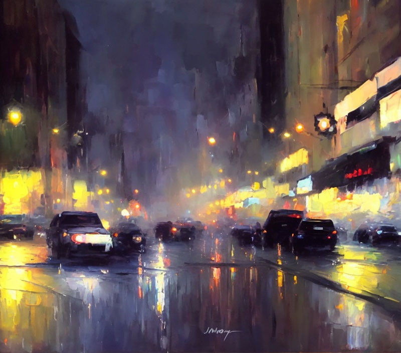 Colorful oil painting of rainy city street at night with vibrant reflections.