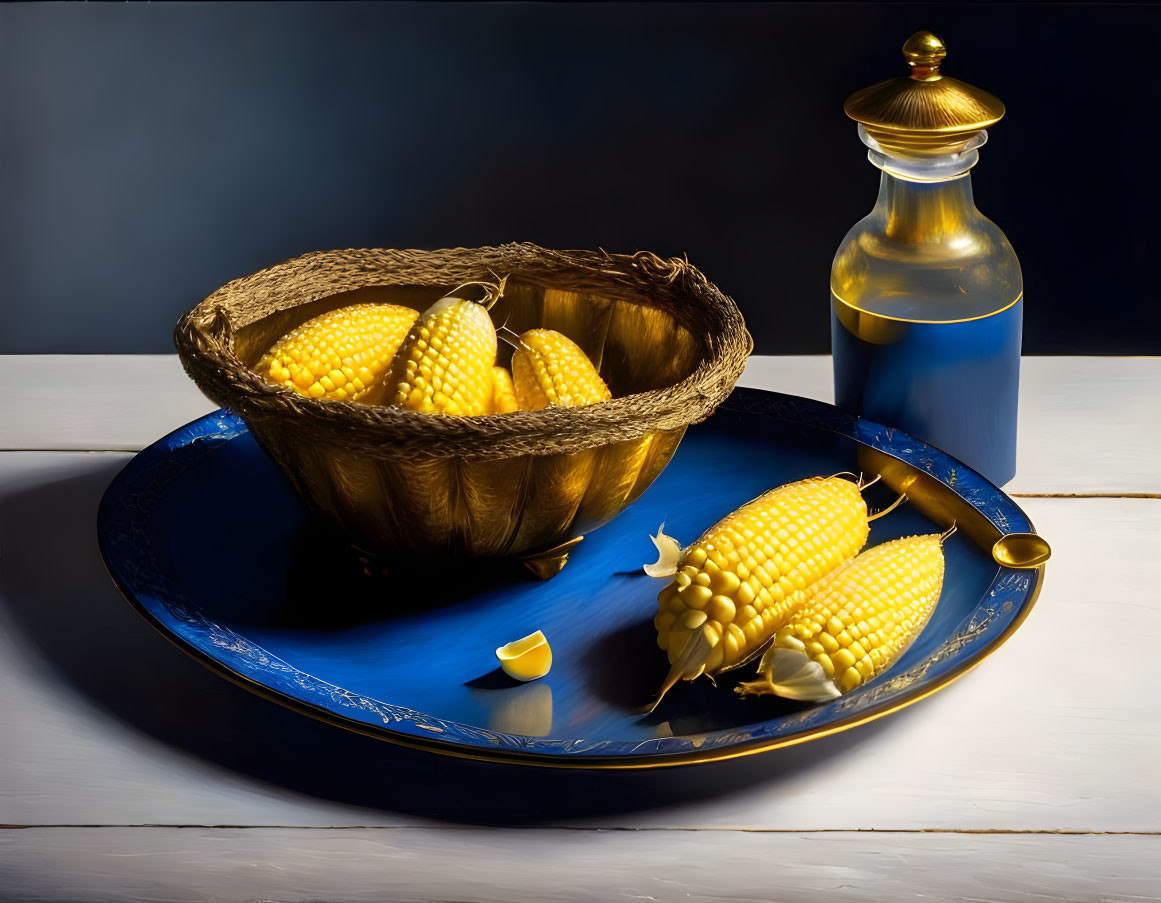 Corn cobs, blue plate, basket, golden bottle, lemon wedge on white wooden surface against dark