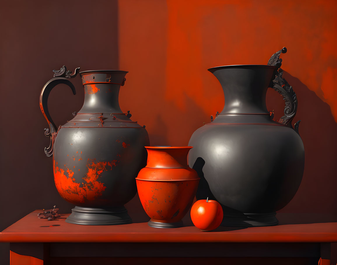 Black ornamental vases, orange pot, red apple on red table against dark red background