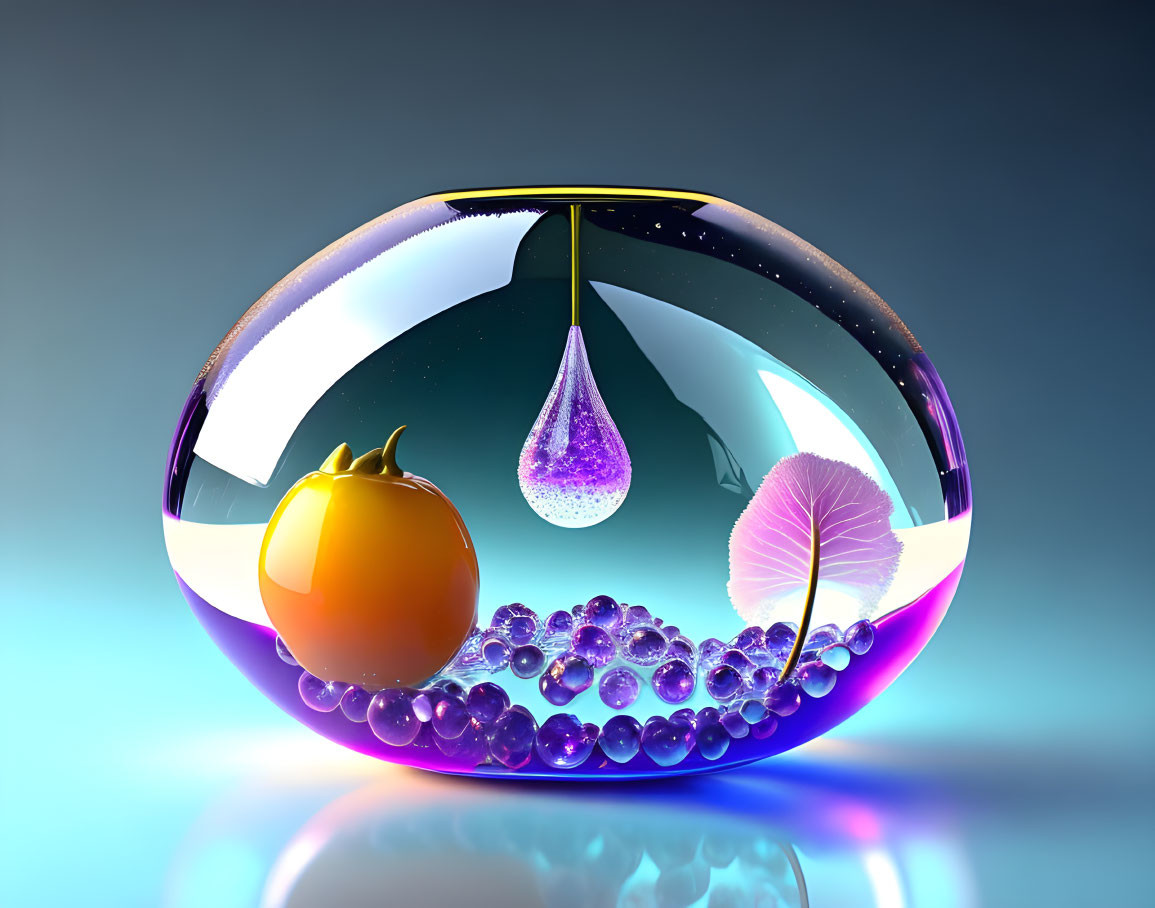 Glass terrarium with orange bulb, purple spheres, violet leaf, and suspended drop on reflective surface