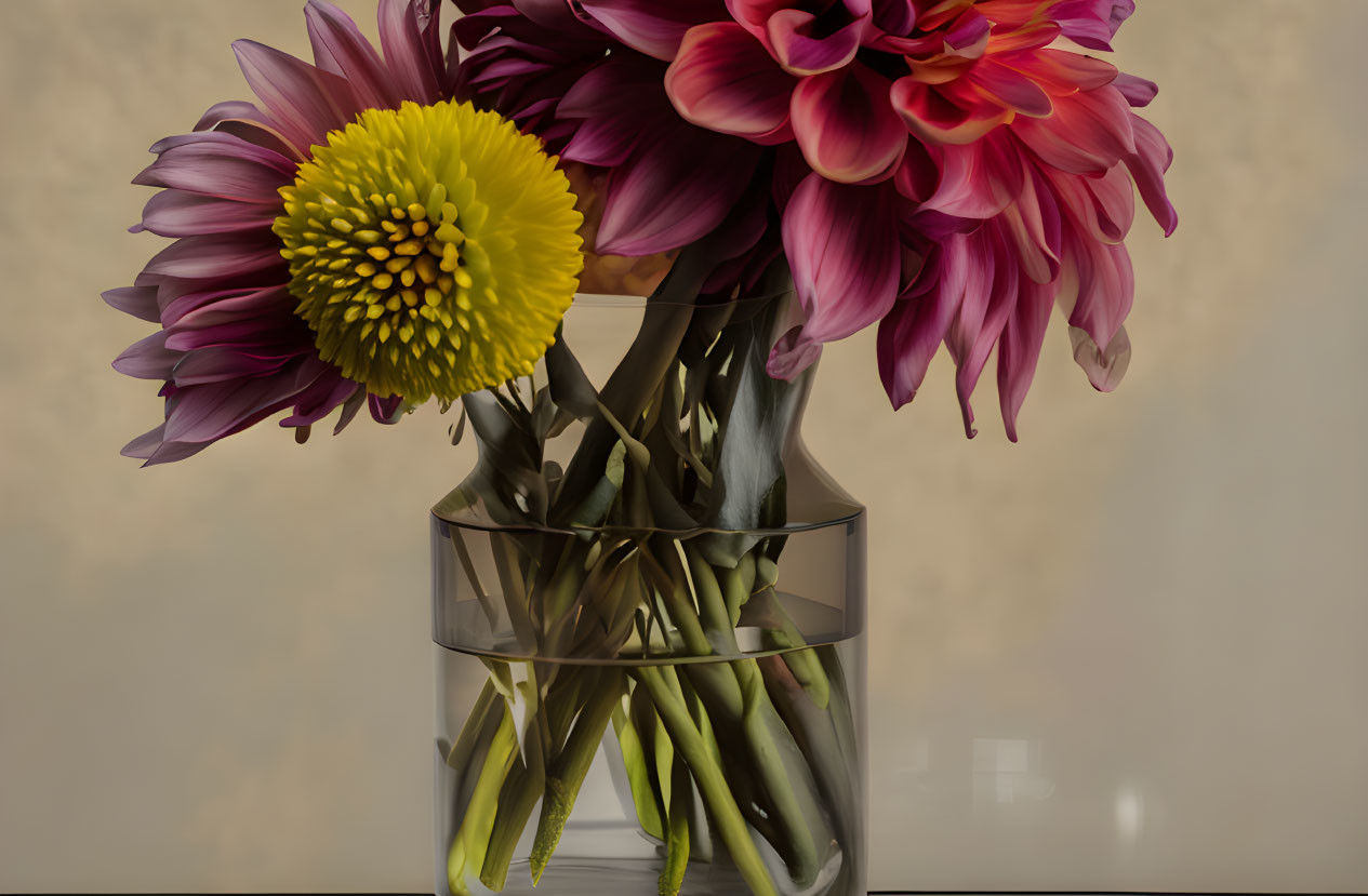 Pink and Purple Dahlias in Clear Glass Vase on Beige Background