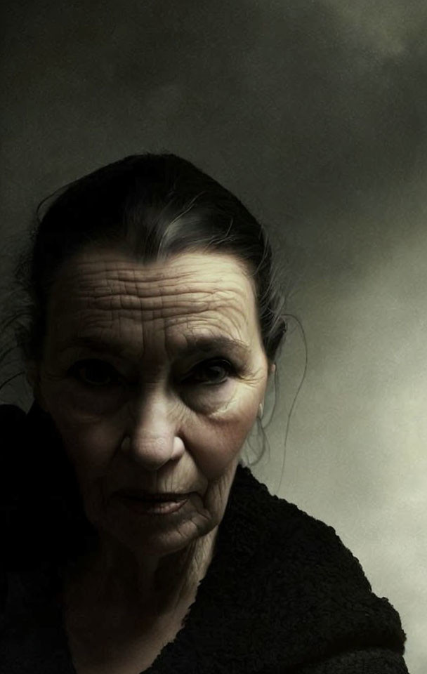 Portrait of elderly woman with deep-set eyes and solemn expression in intense lighting.