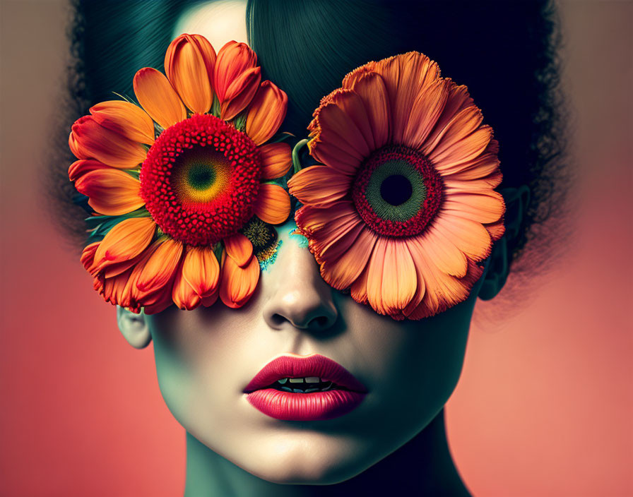 Vibrant portrait with orange flowers covering eyes on warm background