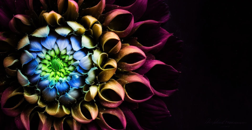 Vibrant Macro Photograph of Purple Flower with Blue and Green Petals