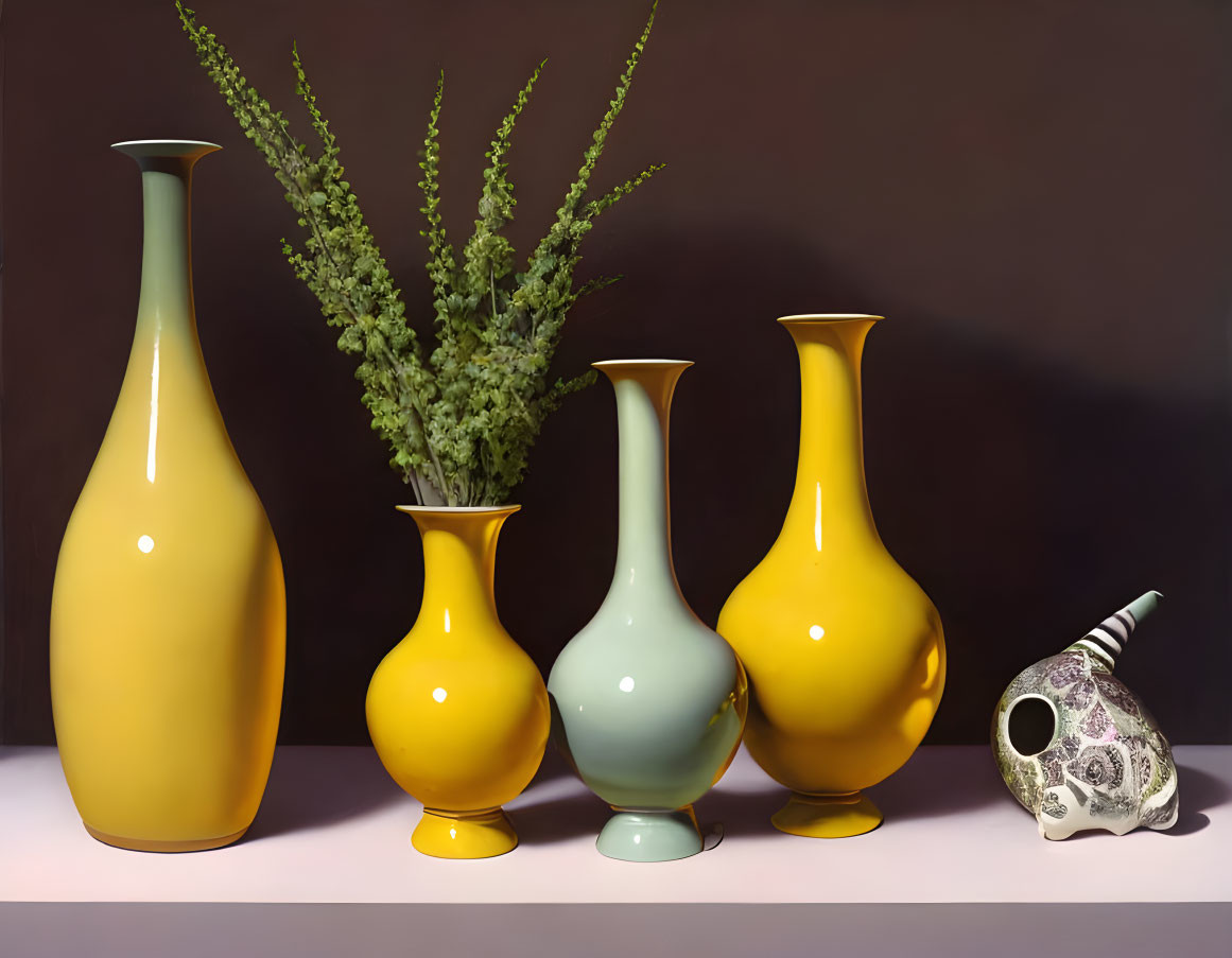 Four elegant yellow vases and green vase with decorative skull on two-tone background