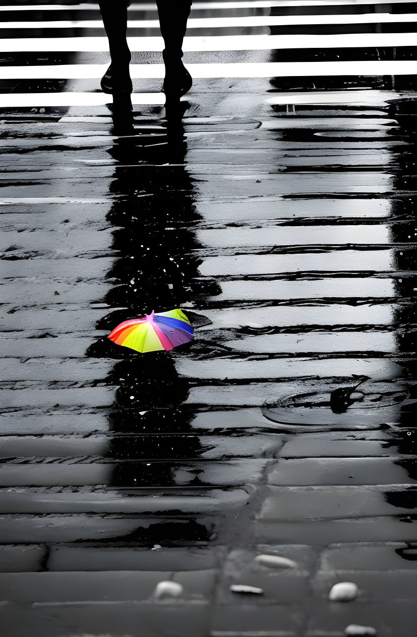 Abandoned colorful umbrella on wet crosswalk under rainy skies