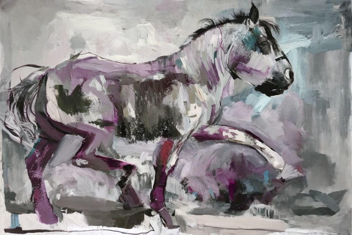 Dynamic Purple, Gray & White Abstract Horse Painting with Movement