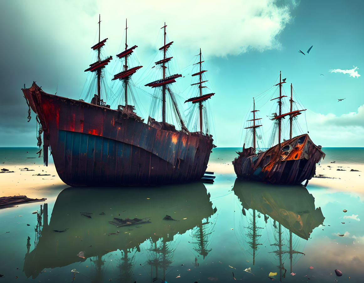 Ancient ships on calm shoreline under moody sky with birds and reflections