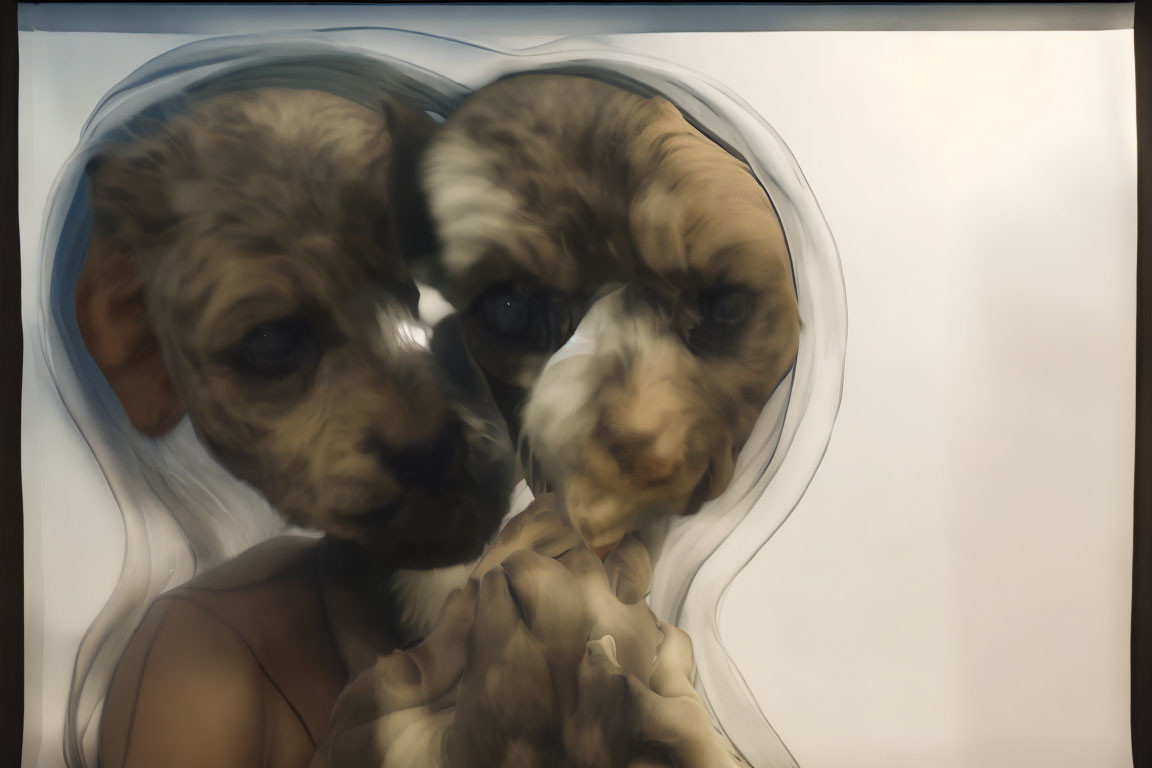 Distorted reflection of two puppies through textured glass