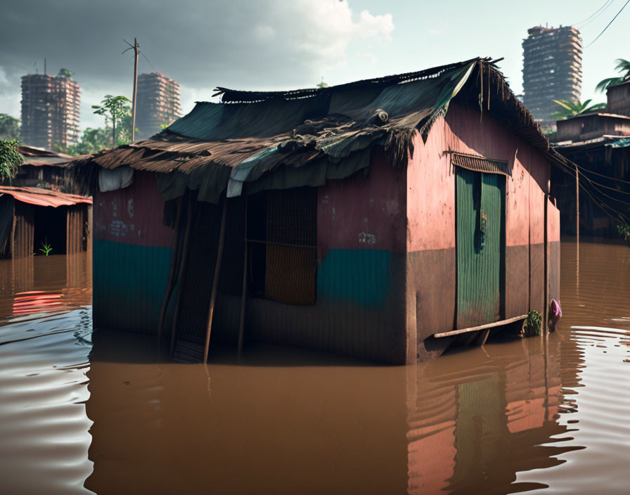 Flooded shanty house with corrugated roof in brown water