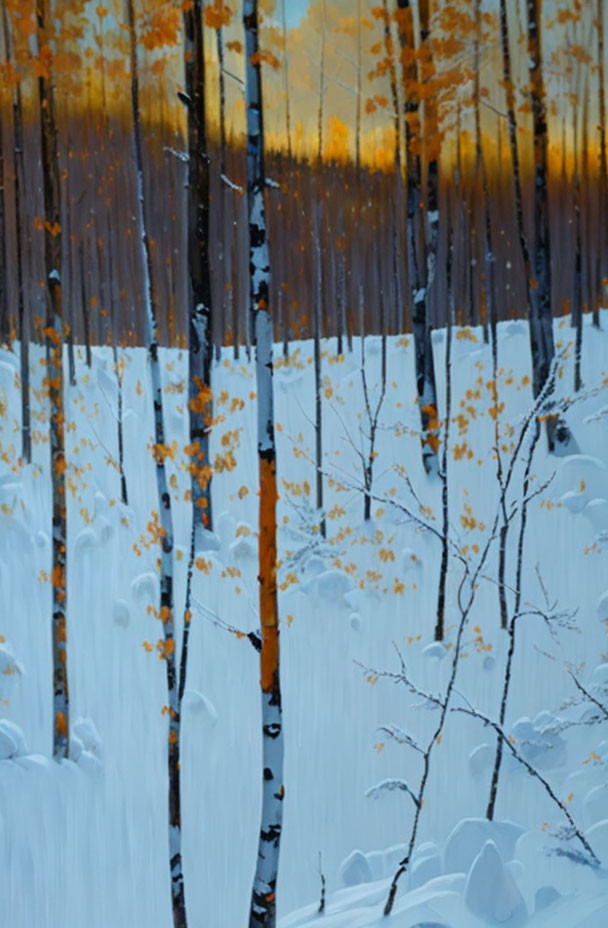 Snowy forest landscape with slender trees and orange leaves at sunset