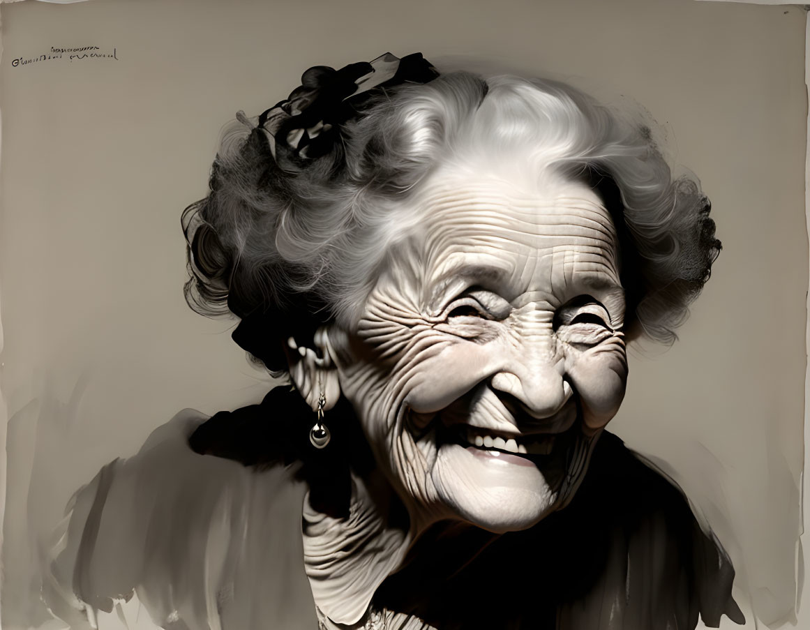 Elderly woman with beaming smile and floral hair accessory