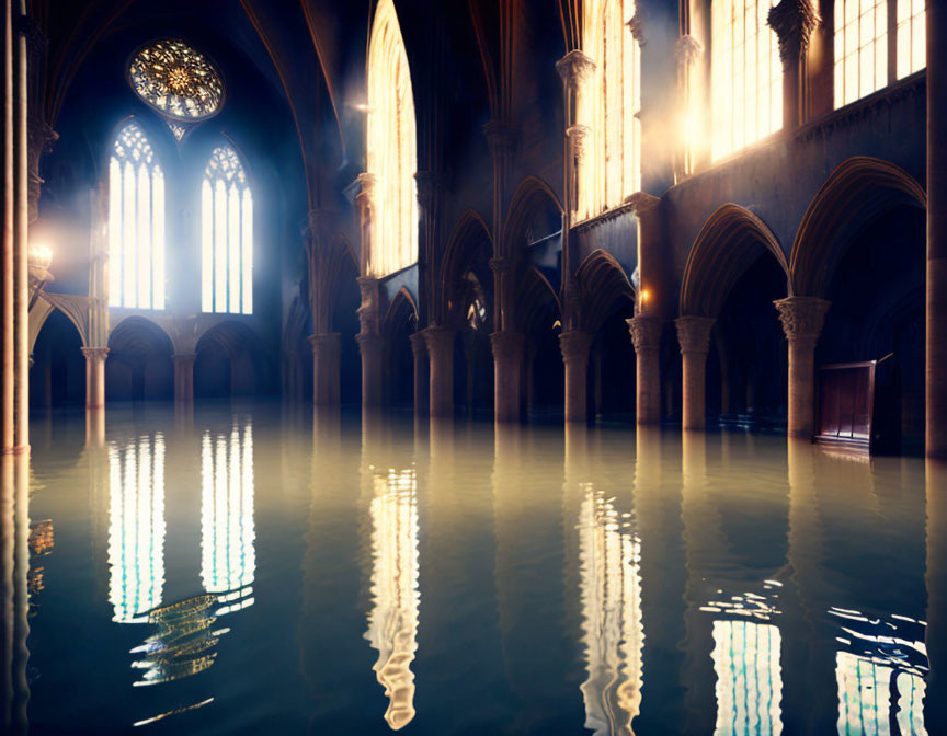 Sunlight through stained glass illuminates flooded gothic cathedral.