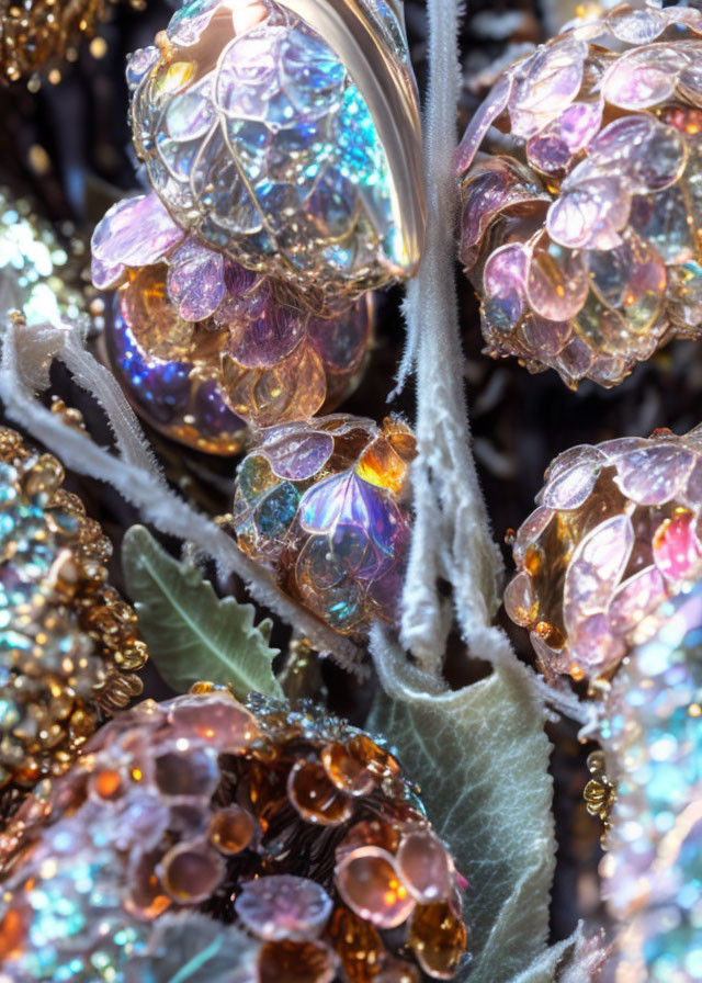 Iridescent artificial berries with furry stem and glittering embellishments