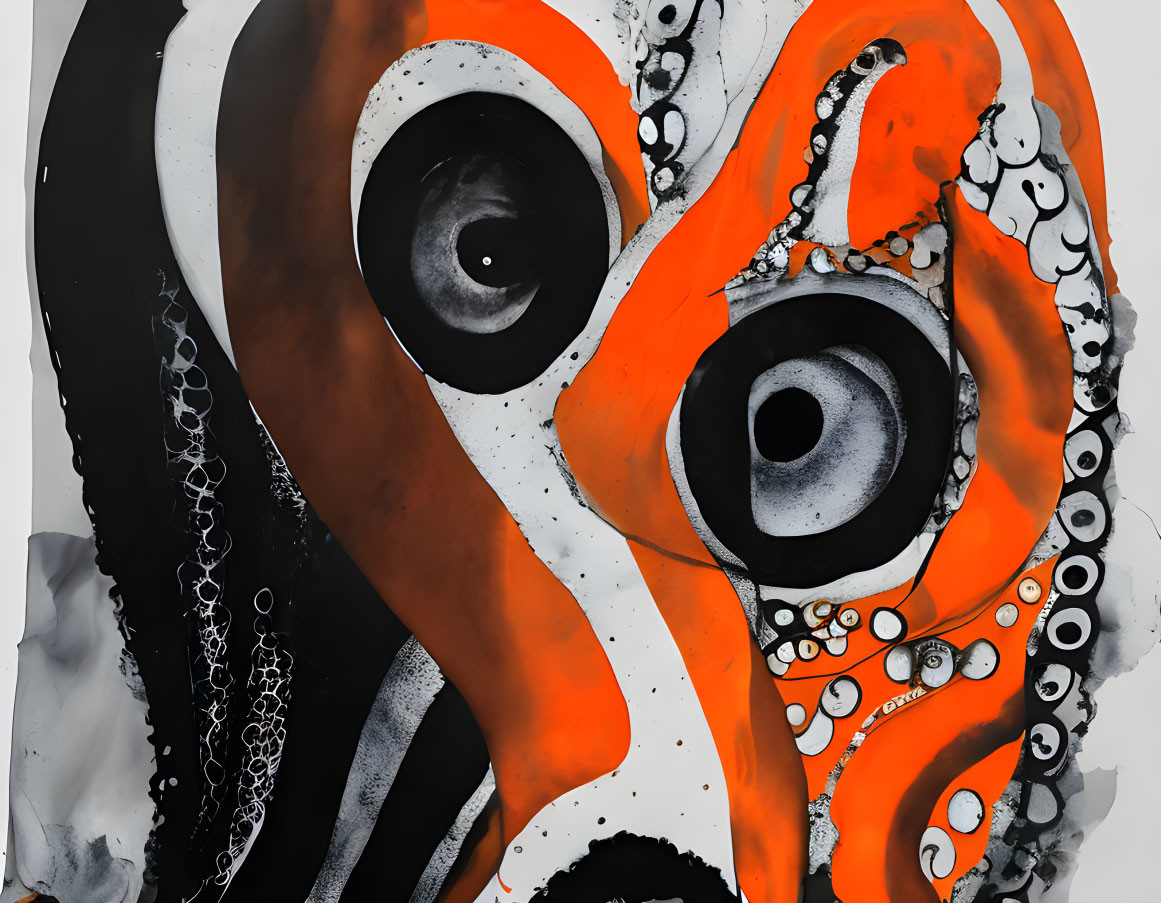 Abstract Orange and Black Swirl Painting with Eye-like Shapes