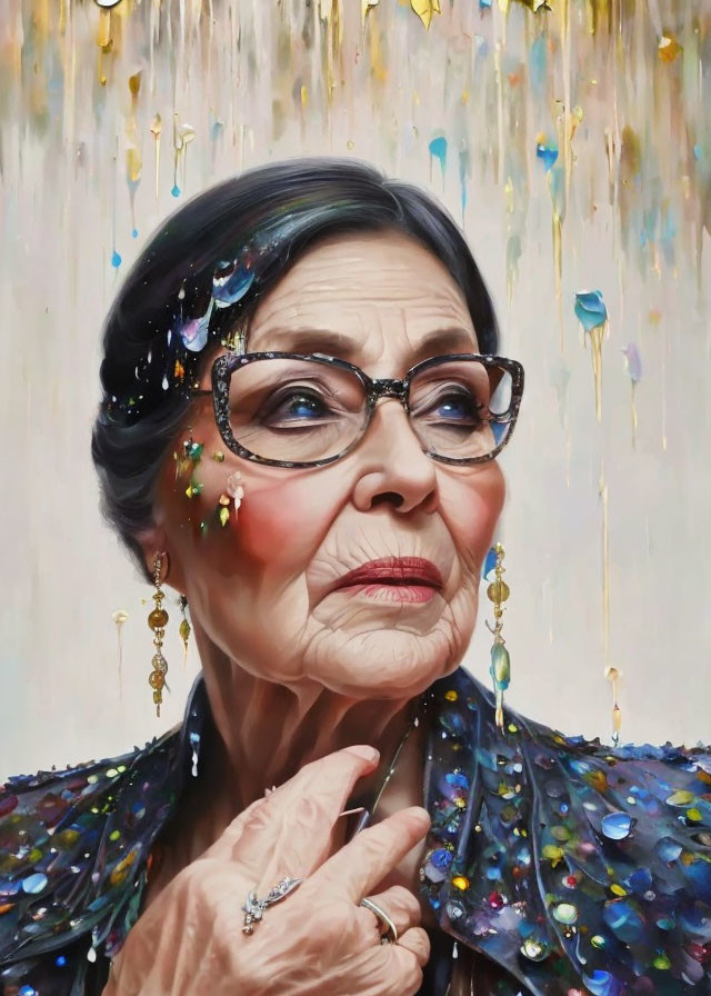 Elderly woman portrait with glasses and sparkling accessories against colorful paint backdrop