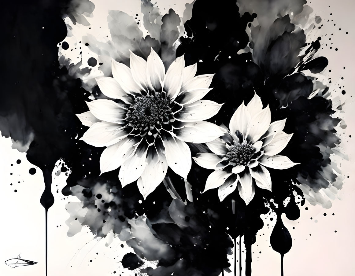 Monochromatic flowers with abstract ink splashes on white background