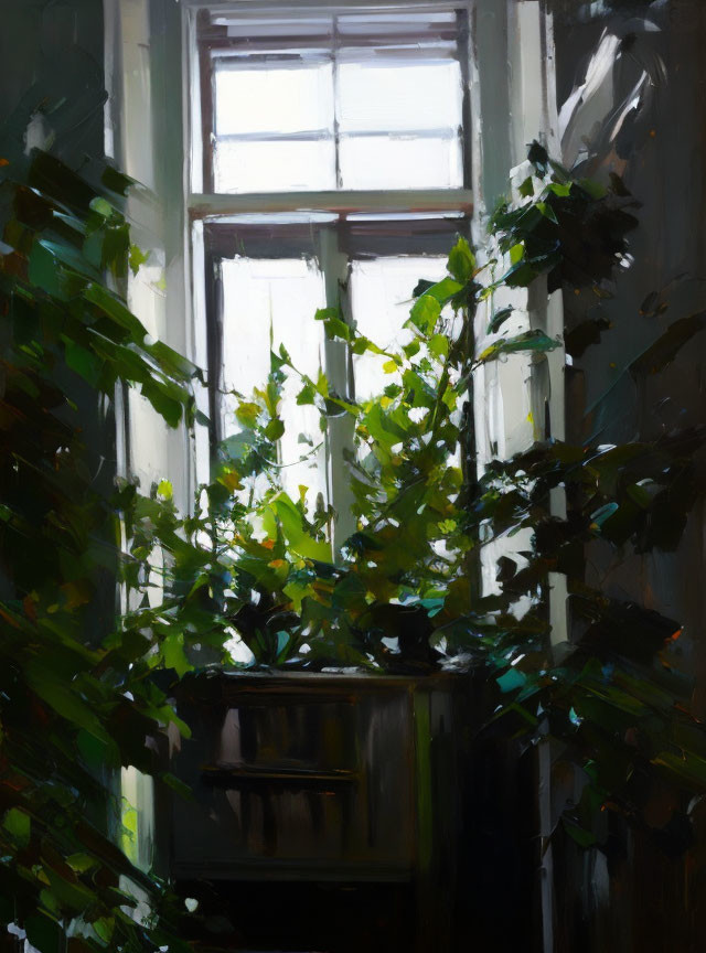 Indoor plant in soft light by tall window