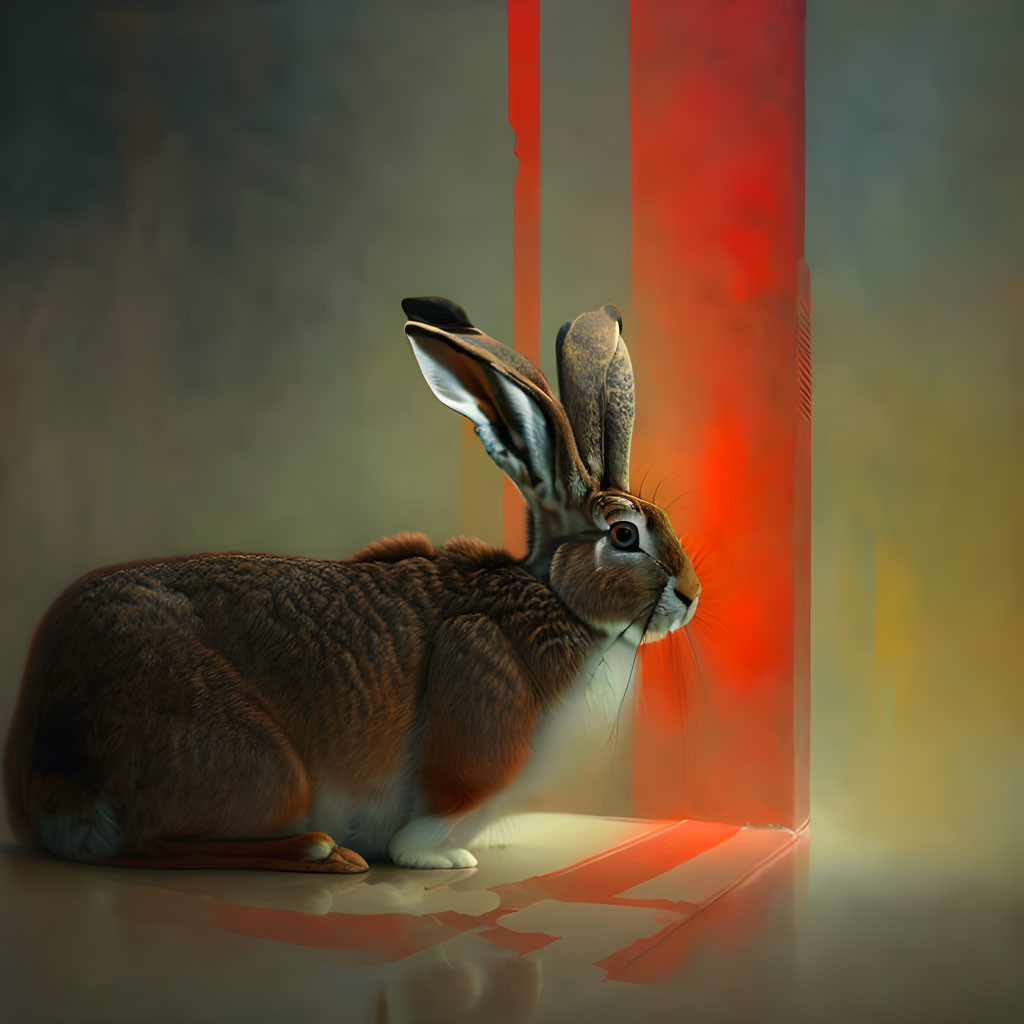 Brown rabbit beside glowing red light on textured surface