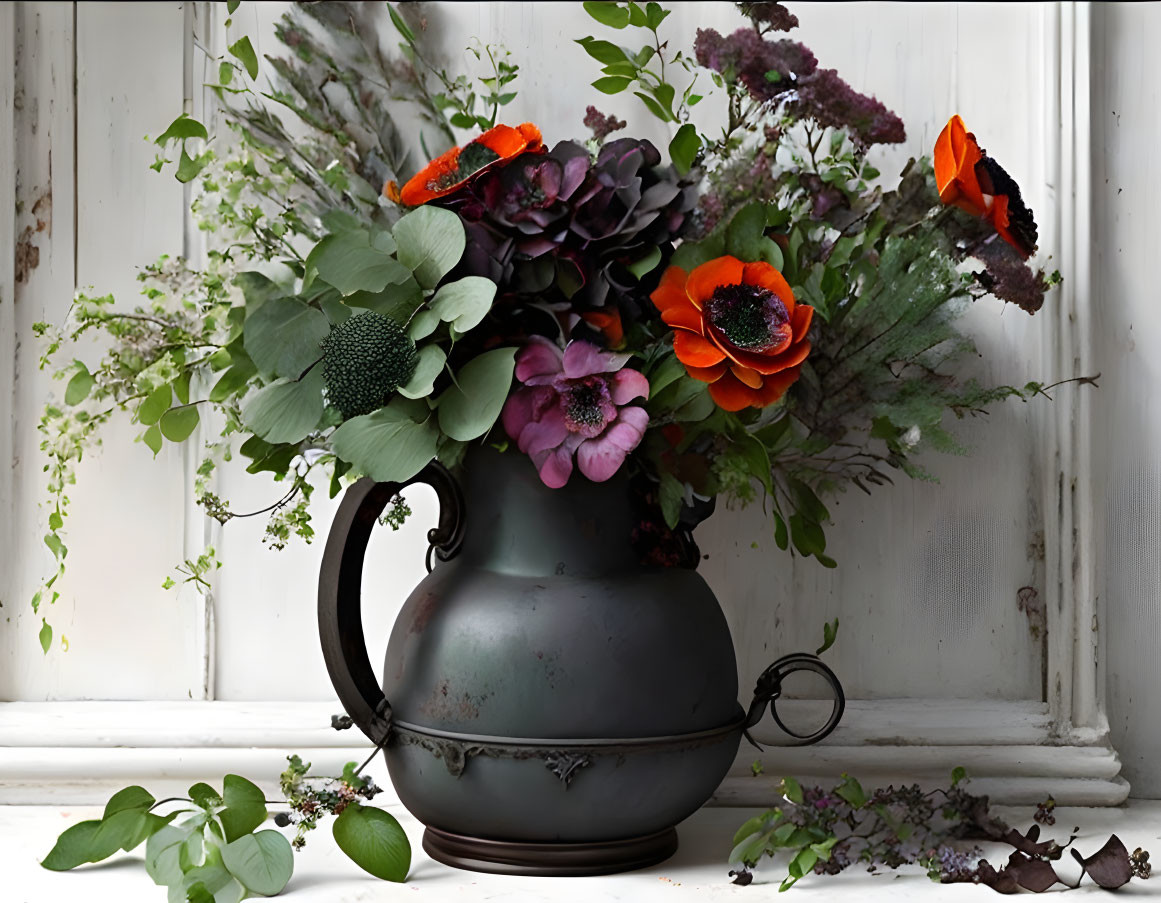 Antique black jug with orange poppies bouquet on rustic white wooden backdrop