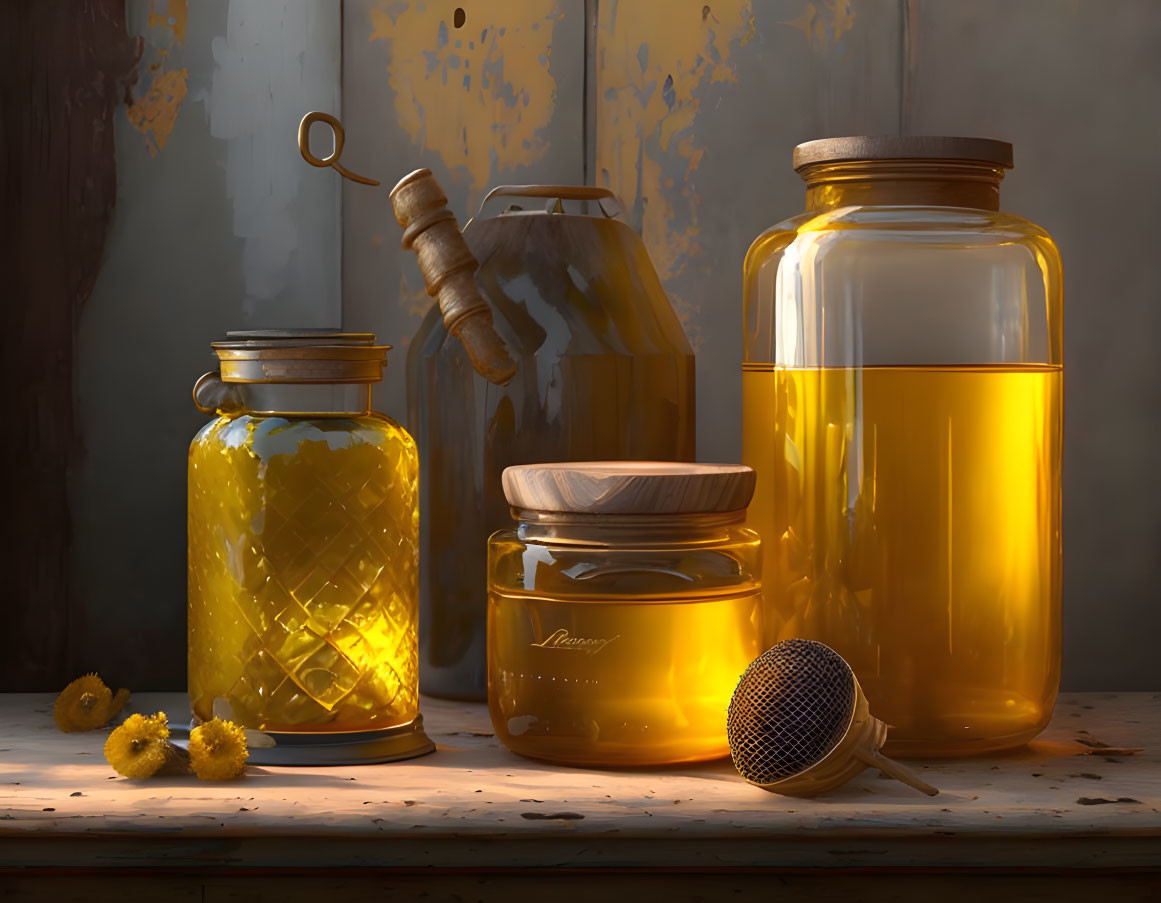 Assorted honey jars, dipper, yellow flowers on rustic wooden backdrop