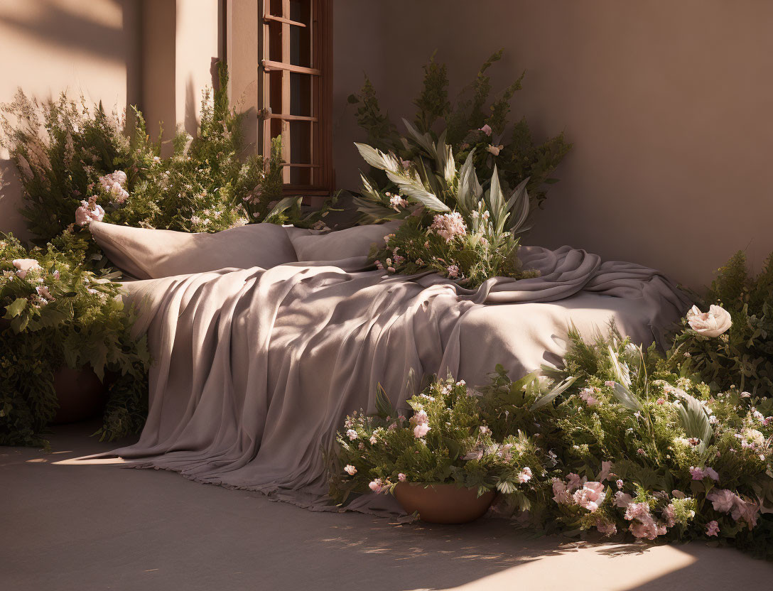 Botanical Bedroom Scene with Greenery and Pink Blooms