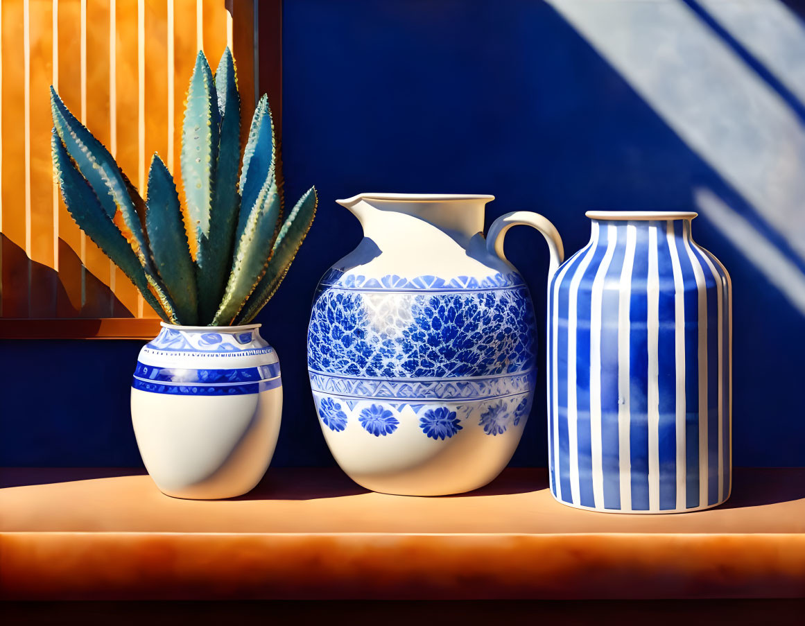 Colorful still life with succulent, blue-and-white pitchers, and shadows on blue backdrop