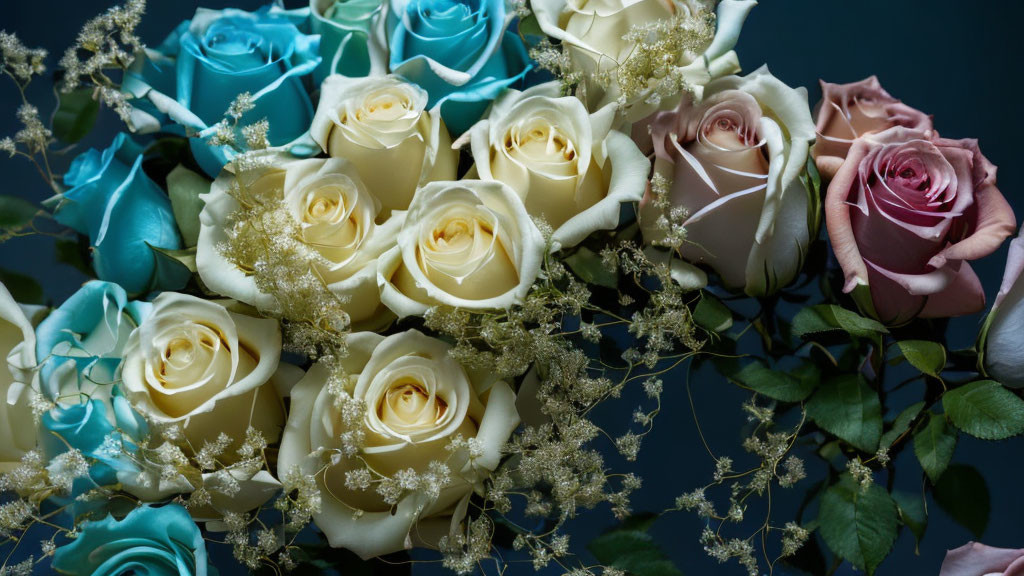 Cream, Blue, and Pink Roses with Baby's Breath on Dark Background