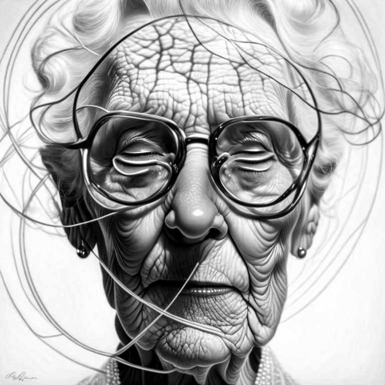 Detailed Hyperrealistic Black and White Elderly Woman Illustration